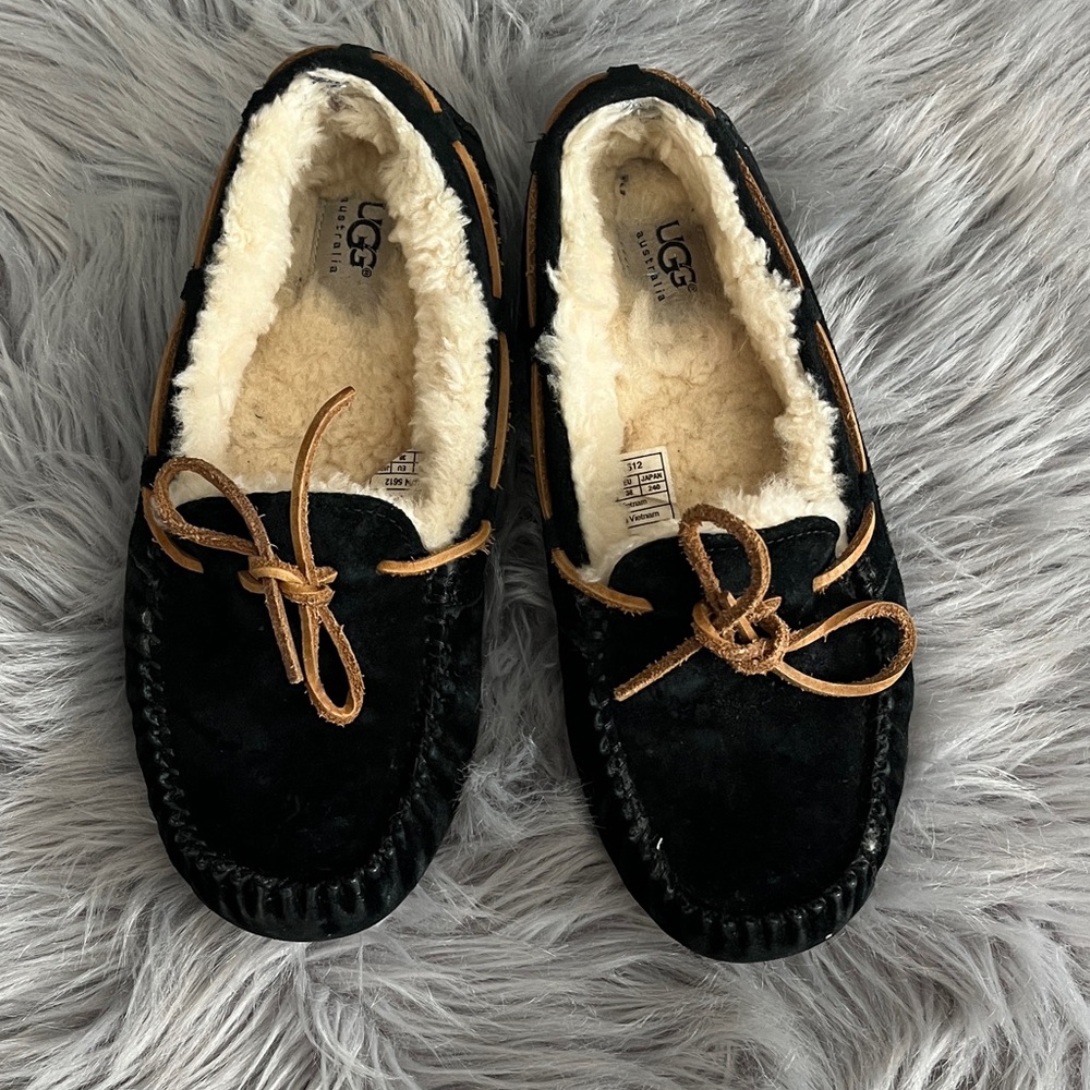 UGG Black Moccasin Slippers with Tan Laces